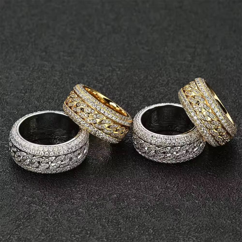 Rotatable Iced Out Spinning Cuban Link Ring Men Women 925 Sterling Silver VVS Moissanite Bling Ring Luxury Hip Hop Promise Ring