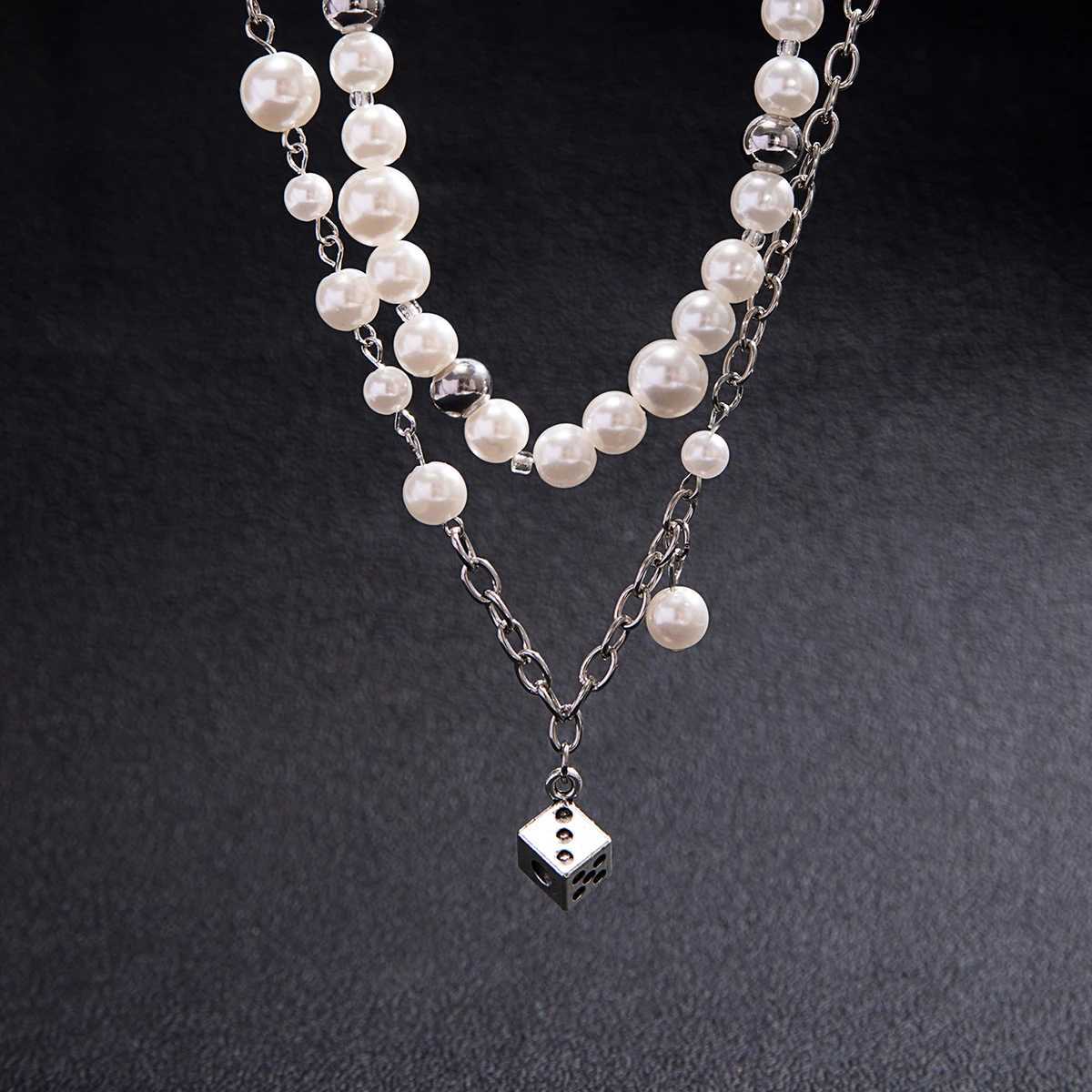 Salicon Steampunk Metal Dice Pendant Short Necklace Mens Gothic Imitation Pearl Chain Cravik Necklace Aesthetic Necklace Jewelry Y250422