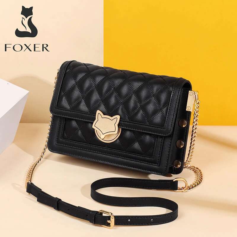 FOXER Women Split Leather Messenger Bags New Designe Lady Stylish Chains Lattice Shoulder Crossbody Bag Female Classical Flap Bag