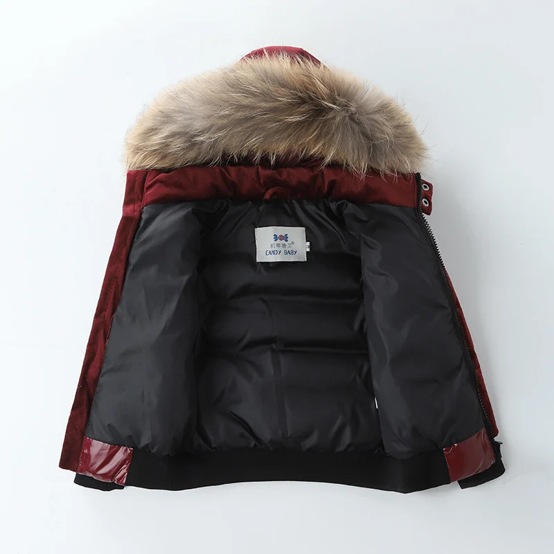 2023 Winter Style Childrens White Duck Down Jacket Real Raccoon Fur Collar Boys Girls Patchwork Flannelette Parka Coat 120 2501105