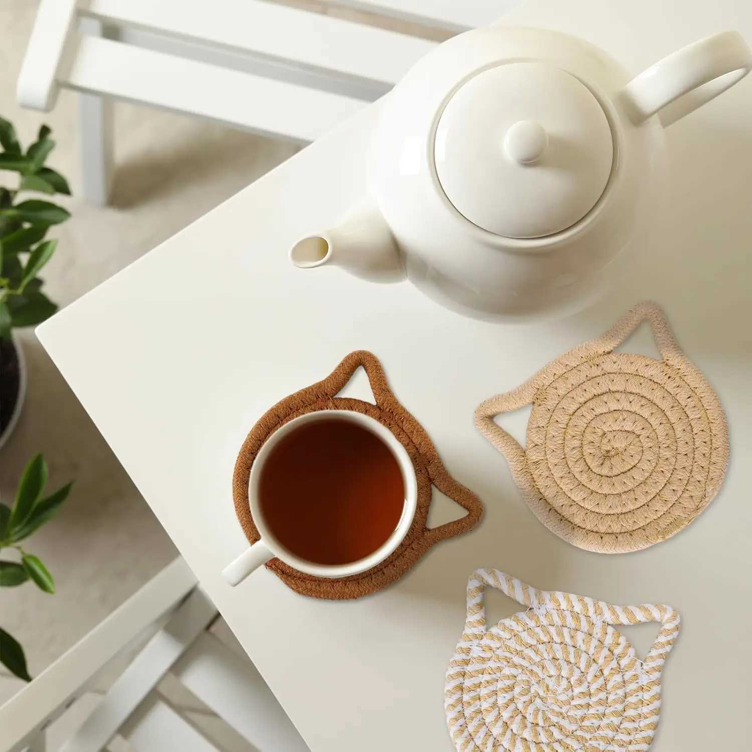 Cat Ear Coasters Set Brown White Handmade Braided Cotton Coasters Non-Slip Absorbent Drink Coaster with Holder C251122