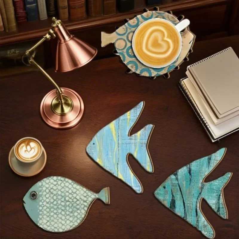 6pcs 2D Fish-Shaped Wooden Coasters Anti-skidding Heat-Resistant Beach-Themed Kitchen Decoration Maritime Style Coffee Shop Use C251122