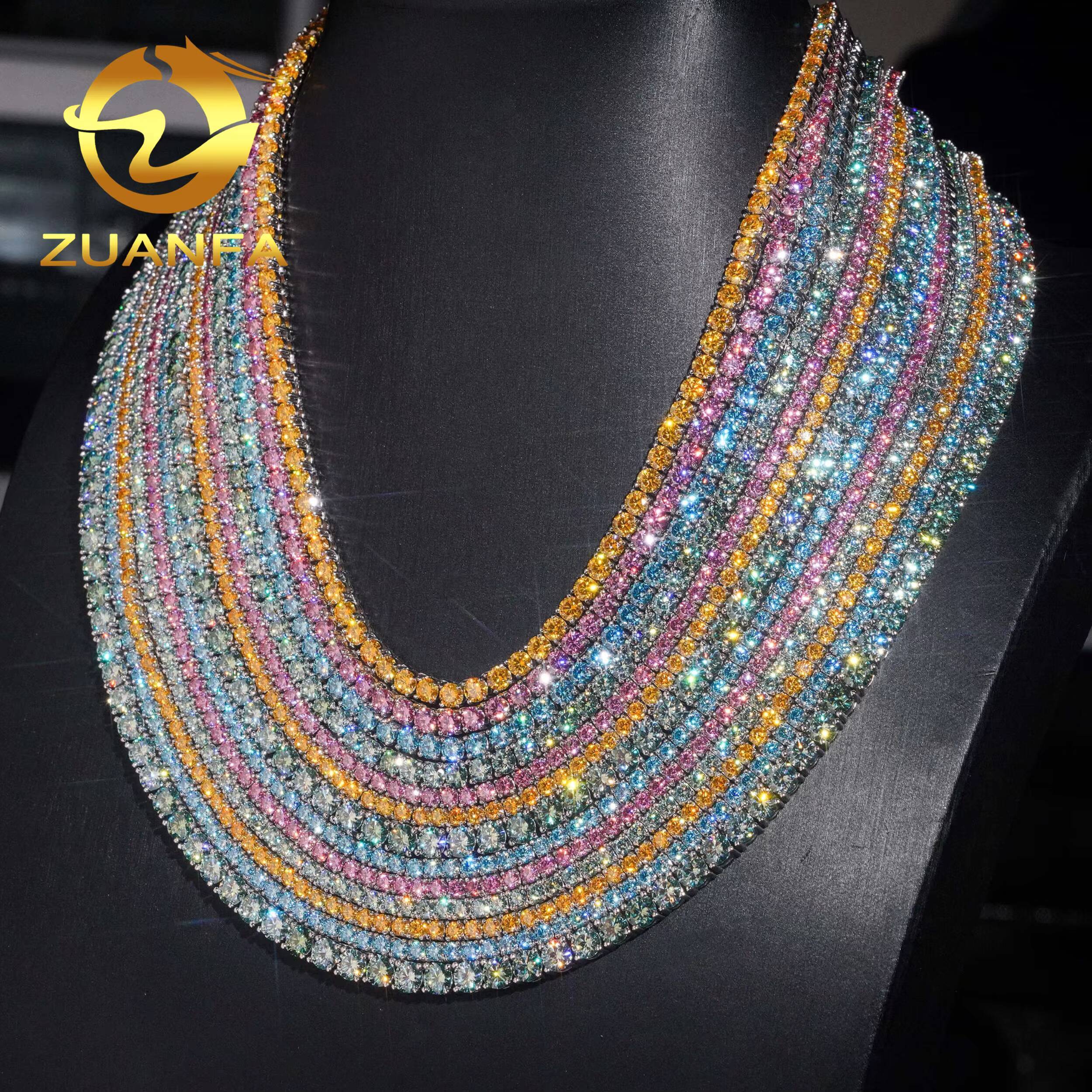 Color Moissanite 3mm 4mm 925 Silver Moissanite Tennis Chain Bracelet Fashion Hip Hop Jewelry Iced Out Tennis Necklace