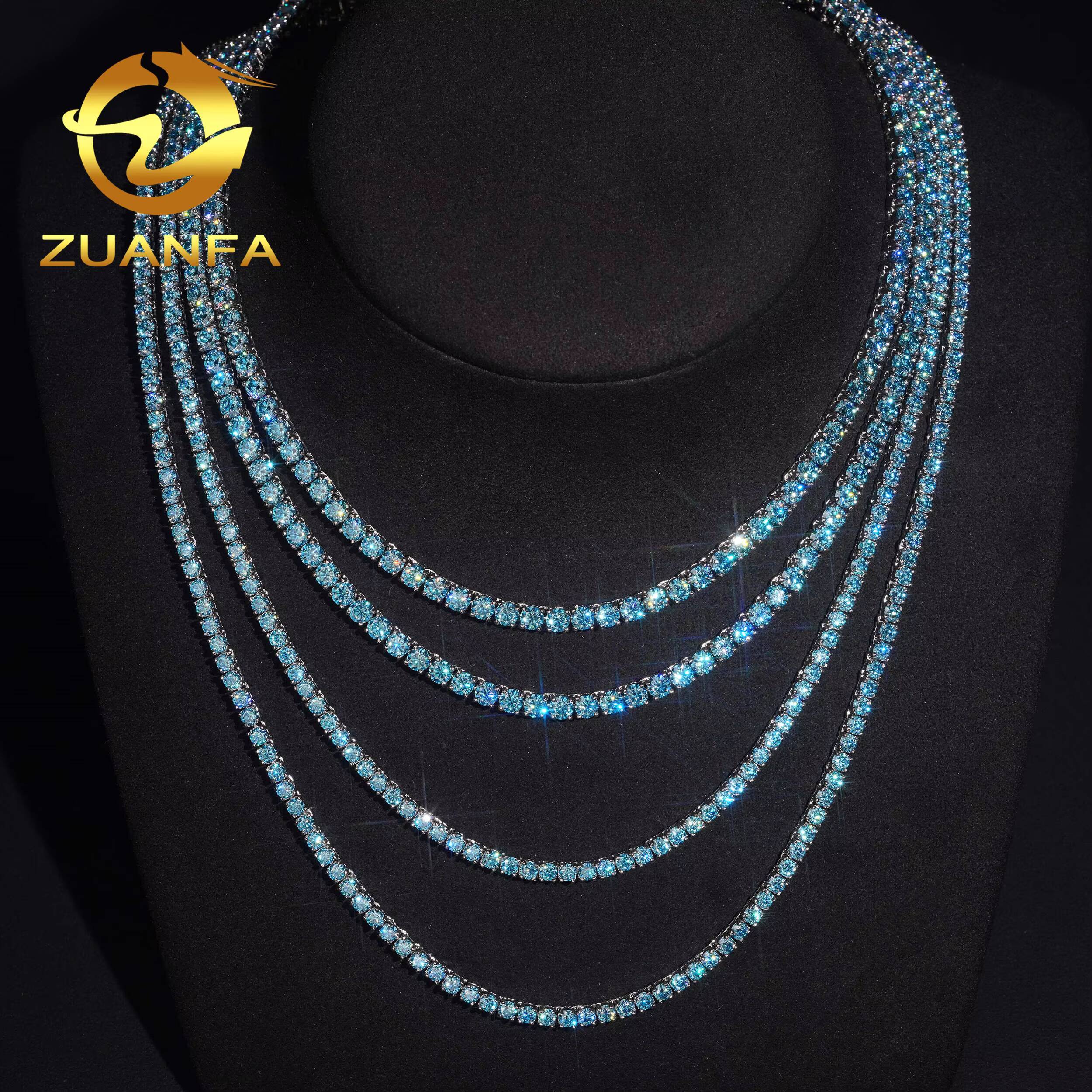 Iced Out Hip Hop Tennis Chain Jewelry Wholesale 3MM 4MM Aquamarine Sea Blue Moissanite Diamond Moissanite Necklace