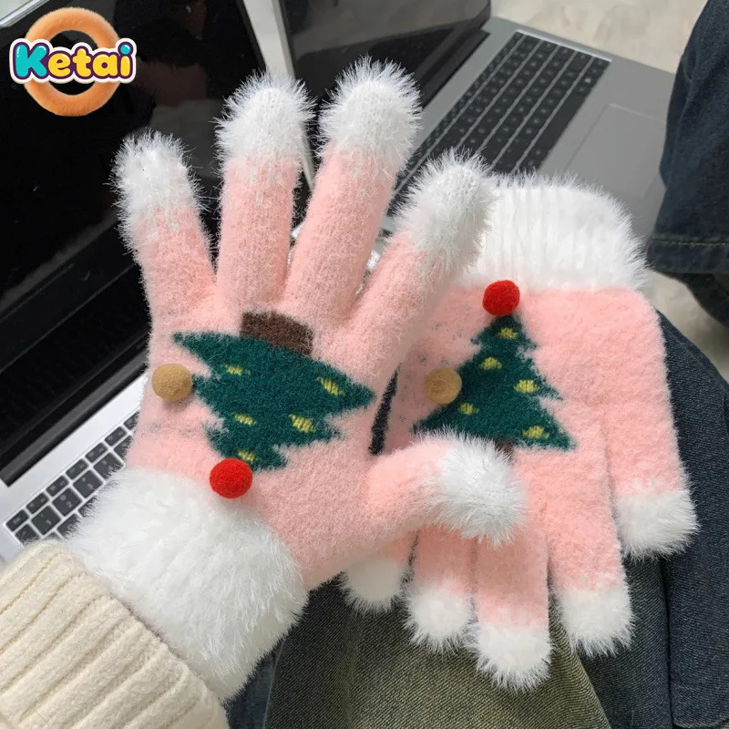 Snowflake Christmas Tree Gloves for Women in Winter with Exposed Fingers Touch Screen Fluffy Fur Students To Ride Bicycles 251114
