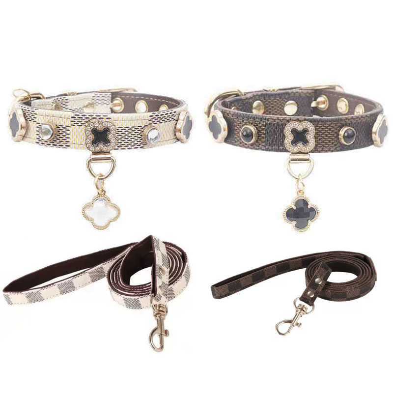 Designer Dog Collars Leashes Set Soft Adjustable Classic Printed Plaid Leather Pet Collar with White/Brown Flower Charms for Small Dogs Chihuahua Pood