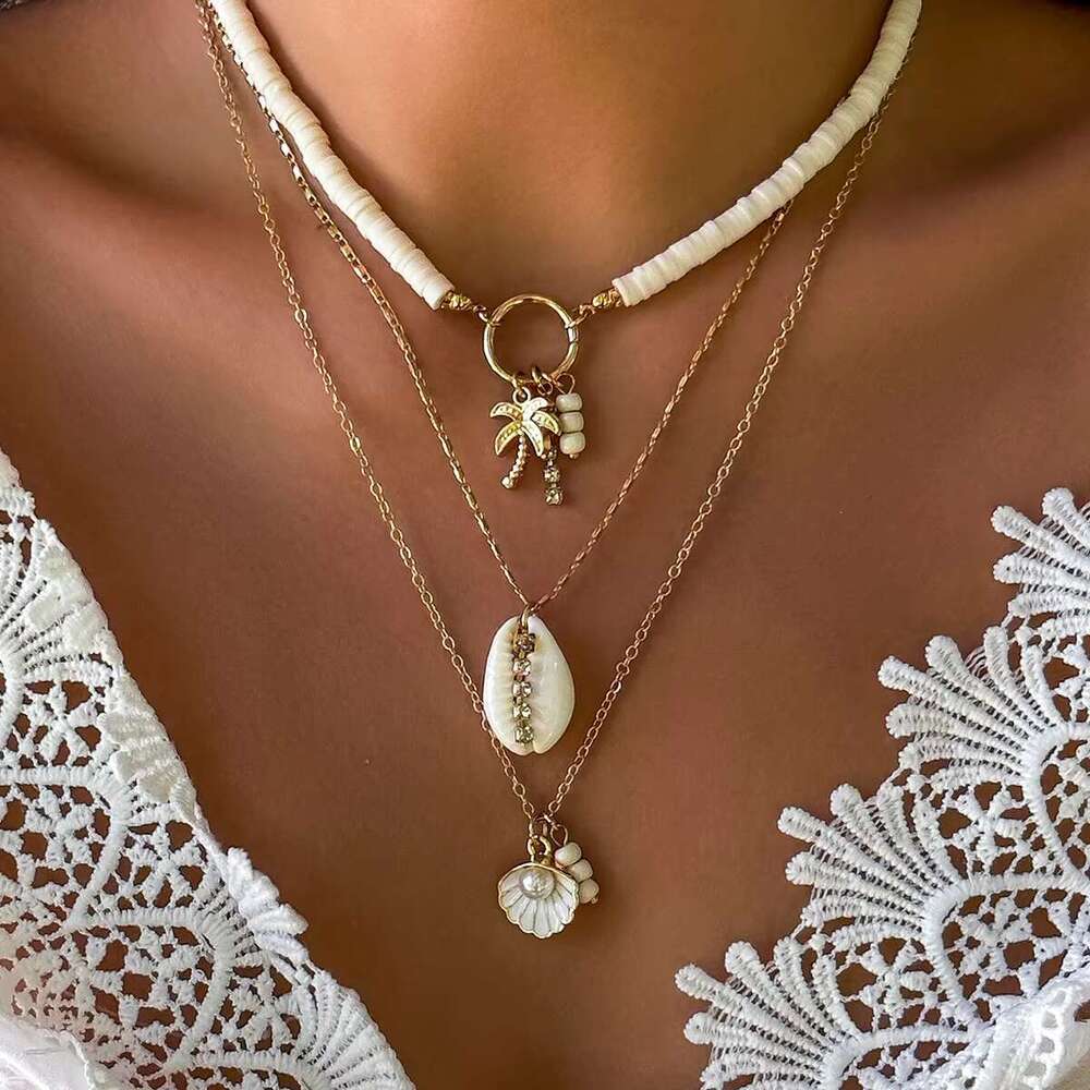 DHCollections Summer Beach Sea Wind Shell Conch Fringe Multi-Layer Polymer Clay Glass Seed Bead Natural Stone Necklace Jewelry for Women