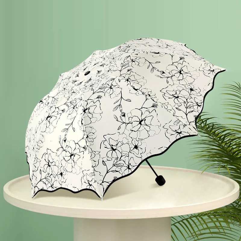 New Rain Sunshine Dual-purpose Umbrella Anti UV Black Coating Hibiscus Flower Folding Umbrella Fashion WaveEdge SunshadeUmbrellaM251122