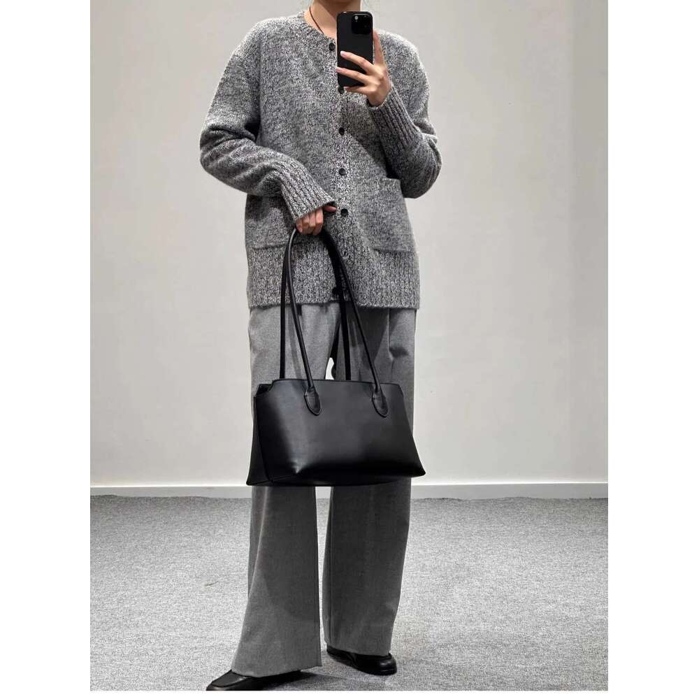 New Brand Designer No Long Handle Tote Grey Simple Genuine Leather Women Handbag Large Commuter Female Armpit Shoulder Bag Bag