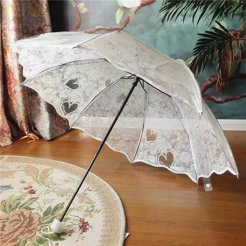 Three Fold Transparent Princess Women Rain Umbrella Romantic Lace Heart Print Thicken PVC Clear Umbrellas Lovers Girls GiftsM251122