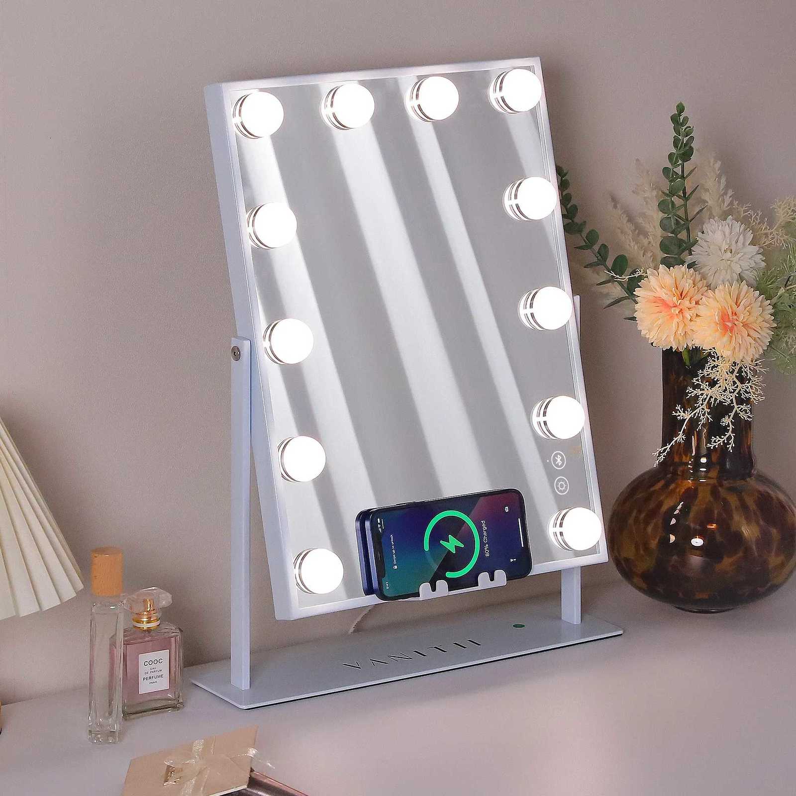FENCHILIN White Vanity Mirror with Lights Wireless Charger Bluetooth Speaker Hollywood Makeup Mirror with 12 Dimmable Bulbs M251122