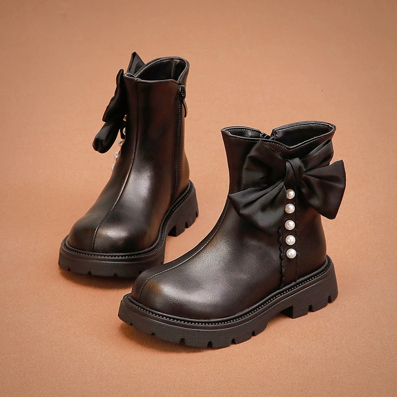 New designer shoes Children s Martin Short Boots with Fleece Lining Double Cotton Leather Boots New Autumn Winter Princess Shoes Bowknot Fashion Girls