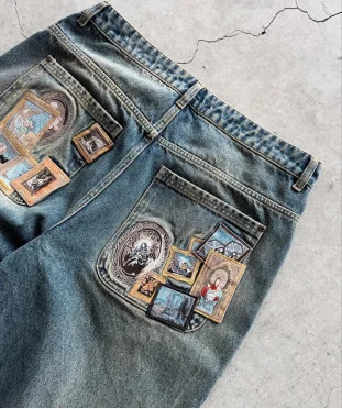 Y2K Minimalist Mens Jeans Retro Pocket Embroidered Loose Korean Casual Harajuku High Waist Aesthetic Couple Wide Leg Pants 250420