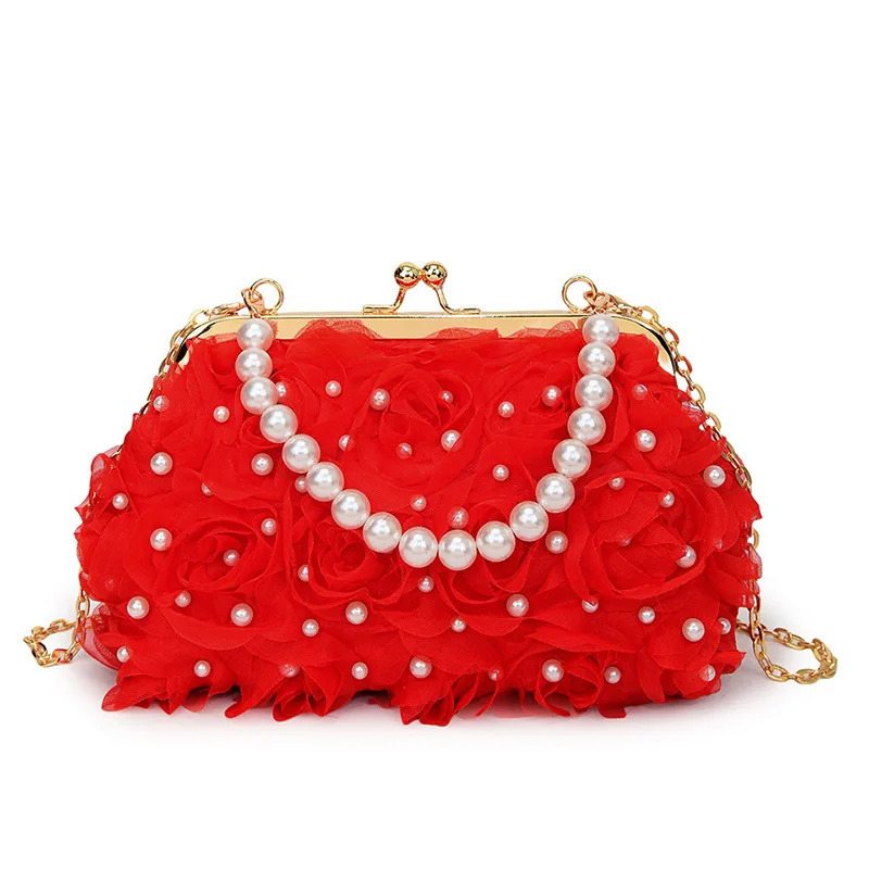 Women Rose Flower Evening Bag with Chain Floral Pearl Handbag Elegant Dinner Bag Pearl Crossbody Female Bridal Bag 250421