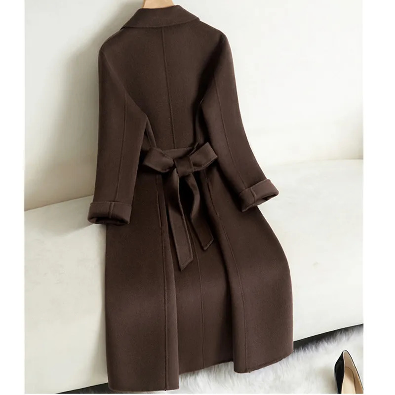 Black Doublesided Cashmere Jacket Womens Long Coat 2025 Autumn Winter Temperament Wool Coats Female Belt Overcoat 251112
