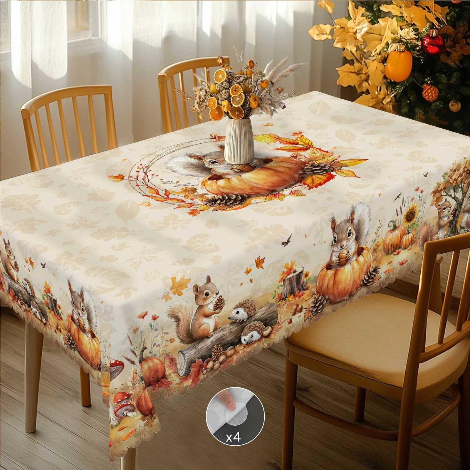 1 Piece of Autum Thanksgiving Themed Printed Tablecloth Retro Country Farmhouse Style Squirrel Pumpkin Maple Leaf Pattern Design Suitable for Holiday 