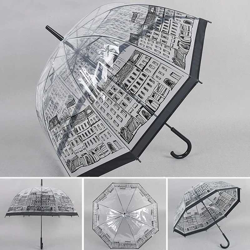 Women Transparent Clear Umbrellas House Building Outdoor Lady Girl Mushroom Umbrella With Long Handle Large Colorful UmbrellaM251122