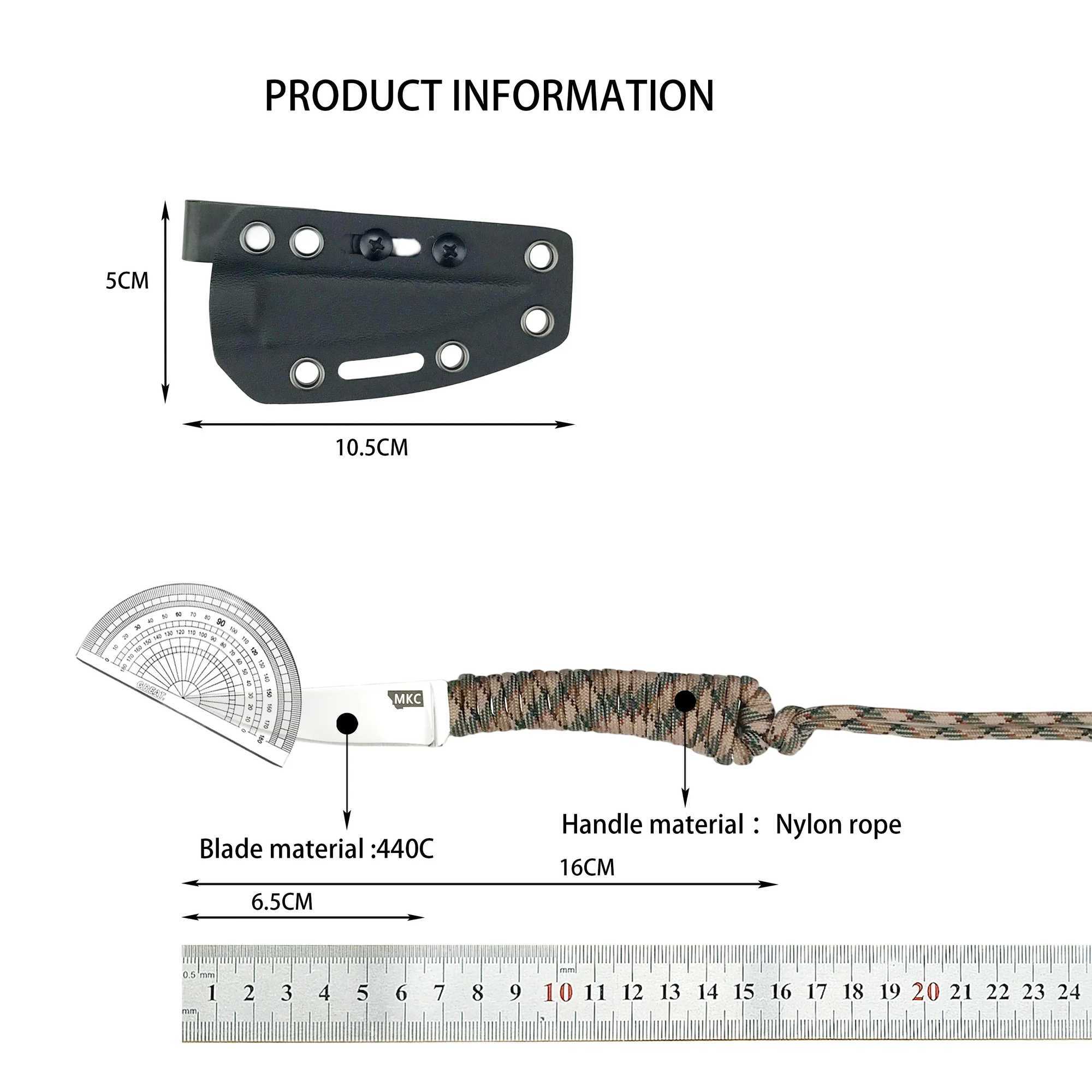 MKC outdoor straight knife nylon rope handle pocket scabbard suitable for climbing hunting fishing and mens giftsXJ250421