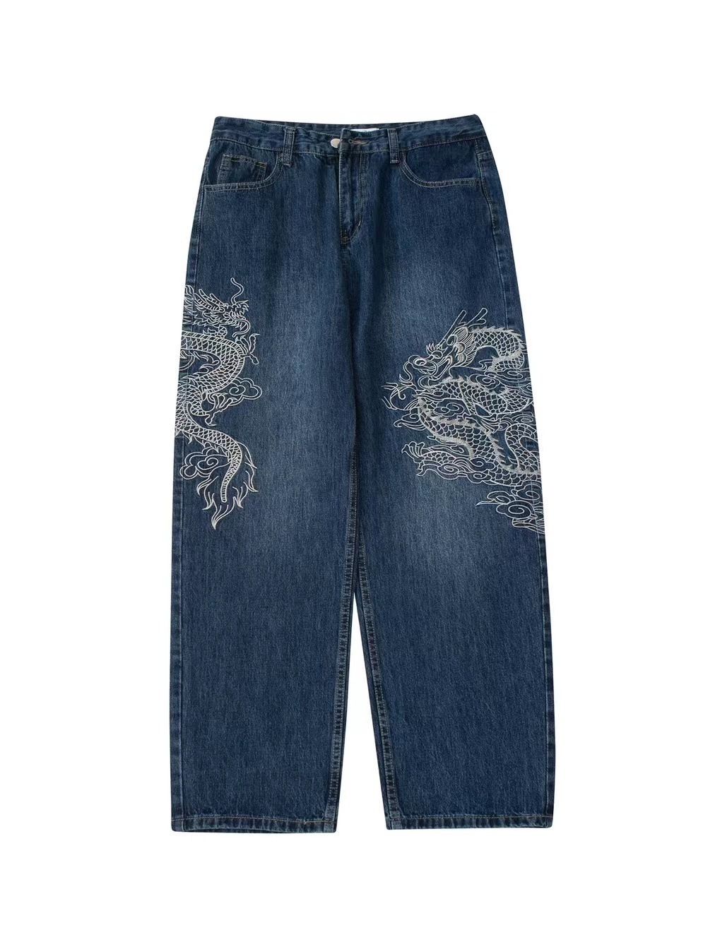 Embroidered Dragon Totem Jeans Hip Hop Baggy Jeans Streetwear Y2k Jeans Loose Wide Leg Denim High Quality 240913