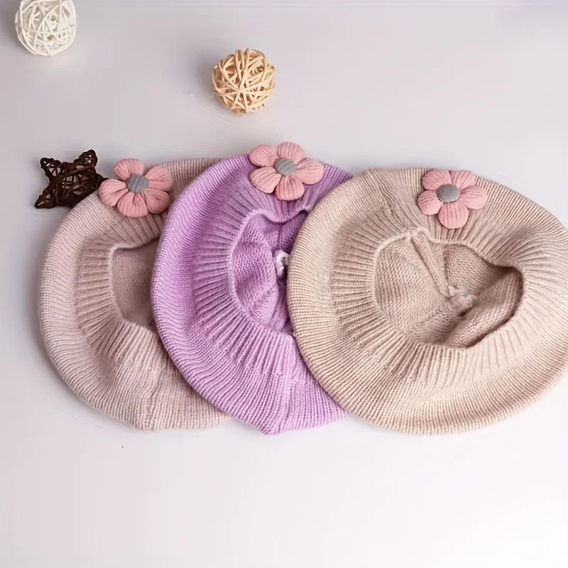Flower Treasure Baby Thunder Hat Winter Warm Knitted Bean Girl Korean Preschool Princess Artist Solid Color Paint 250414z