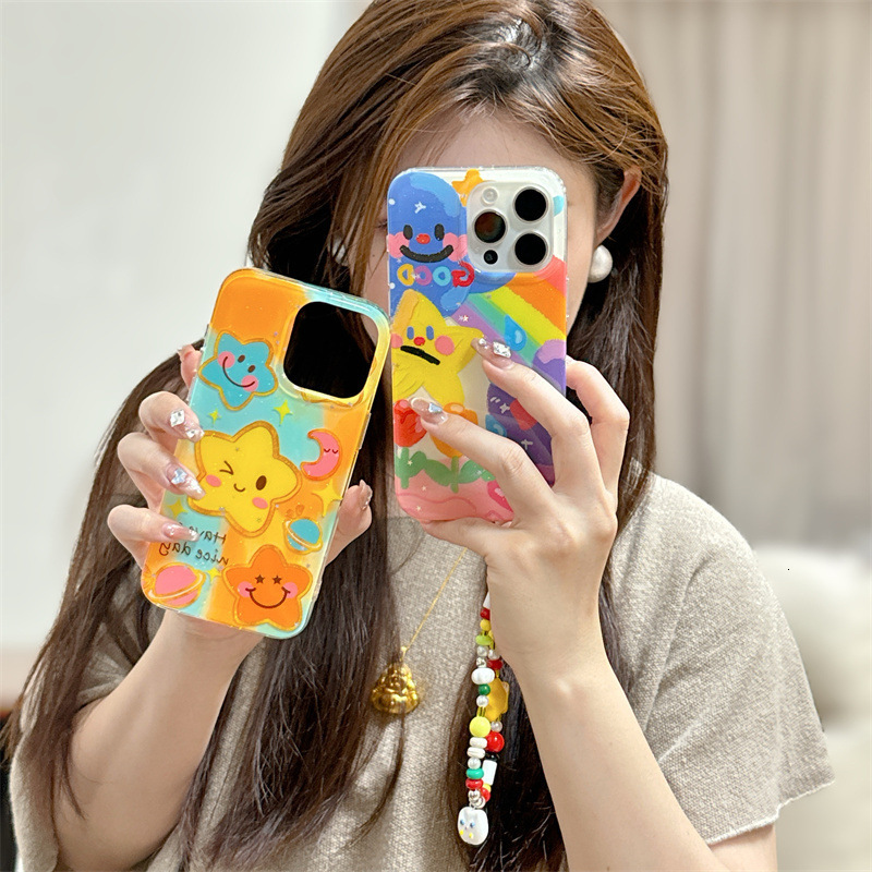 Gradient Moon Smiley Star Phone Case Compatible iPhone 16/15 Pro Max/ with Handheld Chain iPhone 14/13
