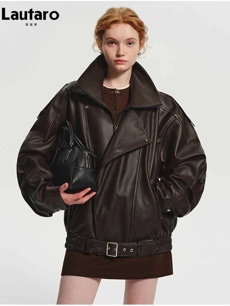 Lautaro Spring Autumn Cool Brown Oversized Pu Leather Jacket Women Long Sleeve Zip Up Luxury Designer American Retro Clothing X251122