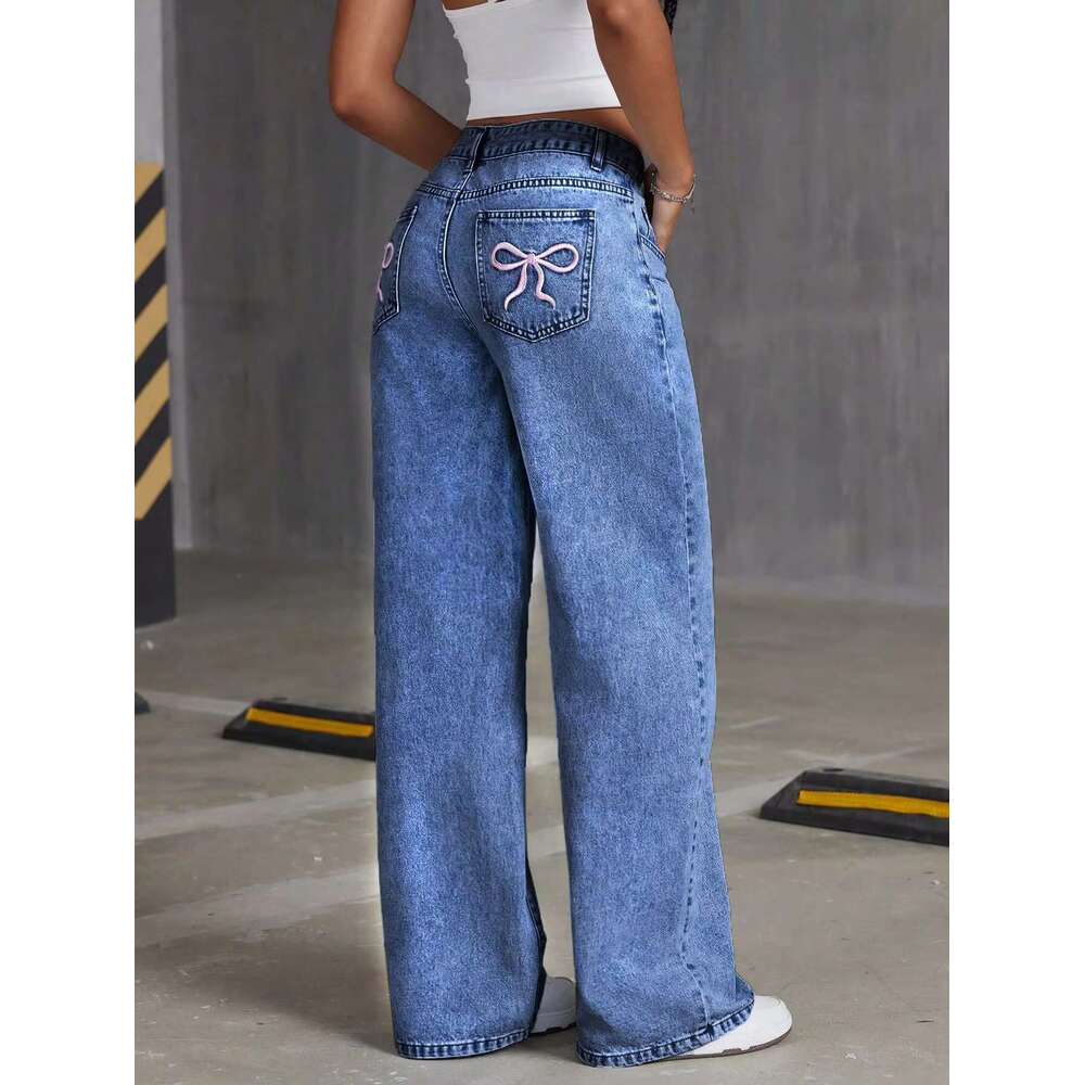 DHessentials Fashionable Women's Mid - Waist Straight - Leg Blue Denim Pants