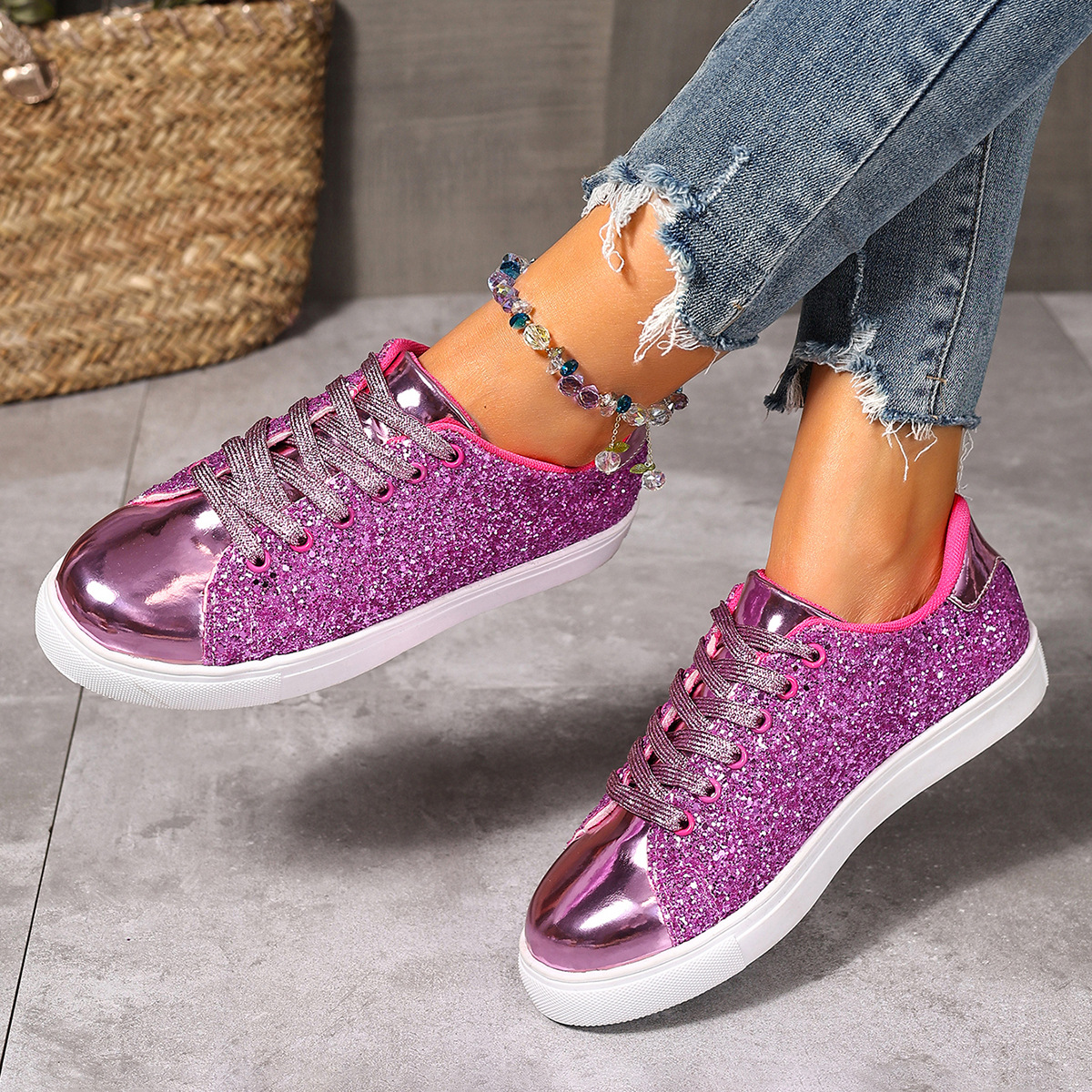 shoes women luxury 2025 Summer Plus Size Sneakers with Glitter, Western Style Front Lace-Up Solid Color Skate Shoes for Women