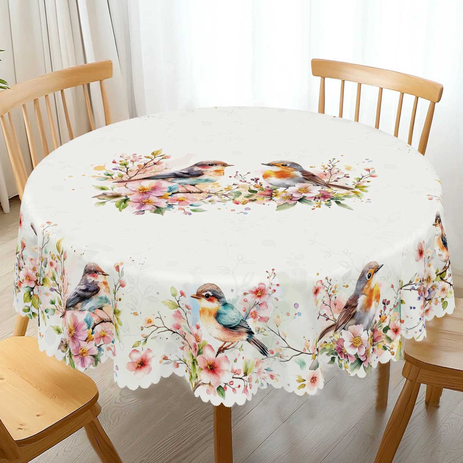 1 Piece of Spring Flower and Bird Round and Rectangular Tablecloths Various Sizes Available Spring Flower and Bird Pattern Printed Decorative Tableclo