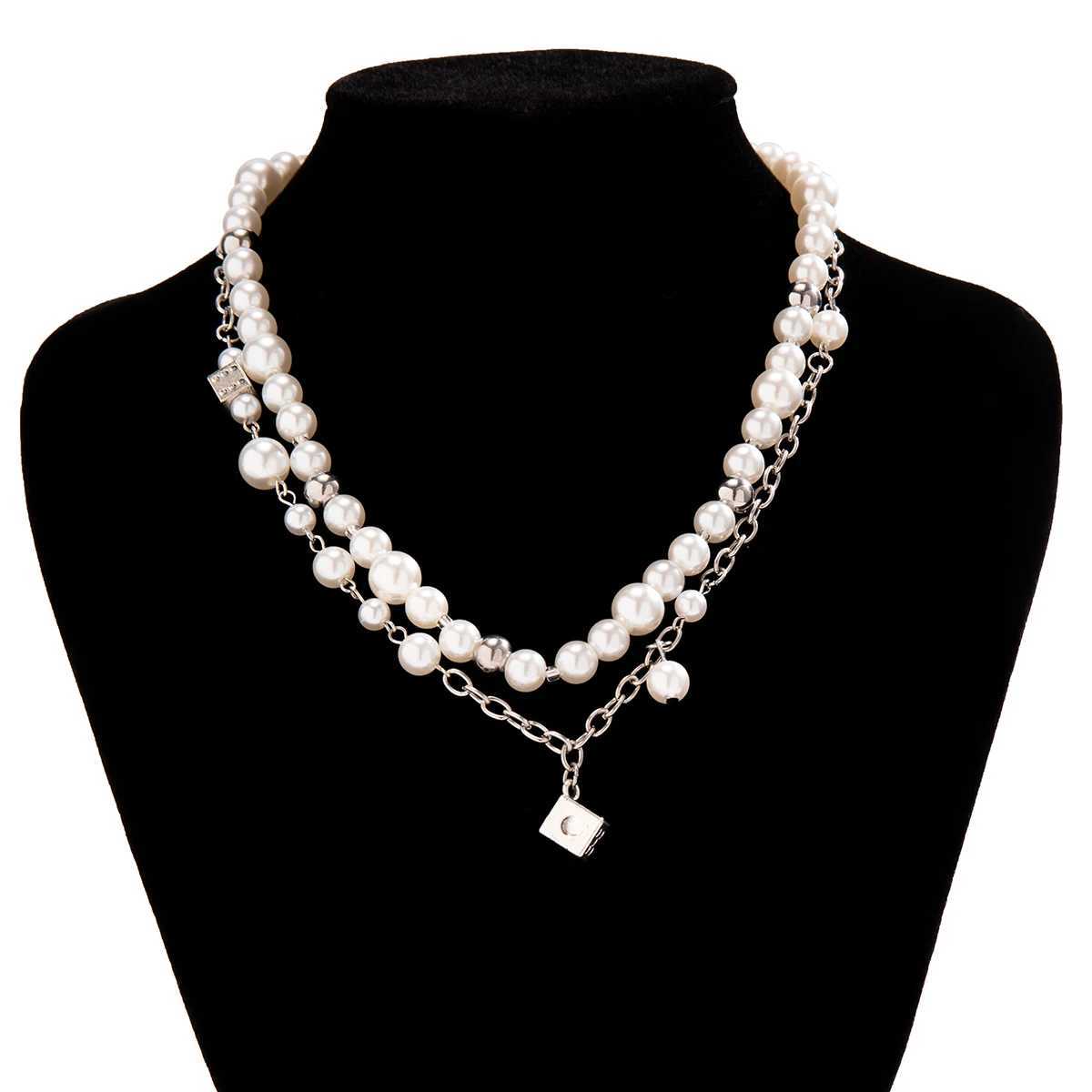 Salicon Steampunk Metal Dice Pendant Short Necklace Mens Gothic Imitation Pearl Chain Cravik Necklace Aesthetic Necklace Jewelry Y250422