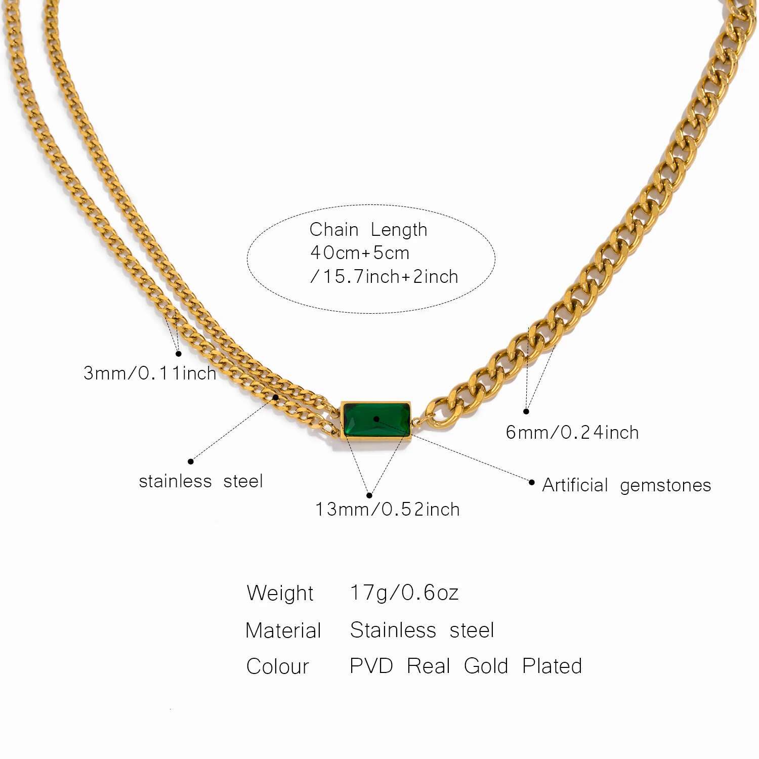 Classic Emerald Asymmetric Chain Women Stainless Steel Necklace for Daily Wear Jewelry