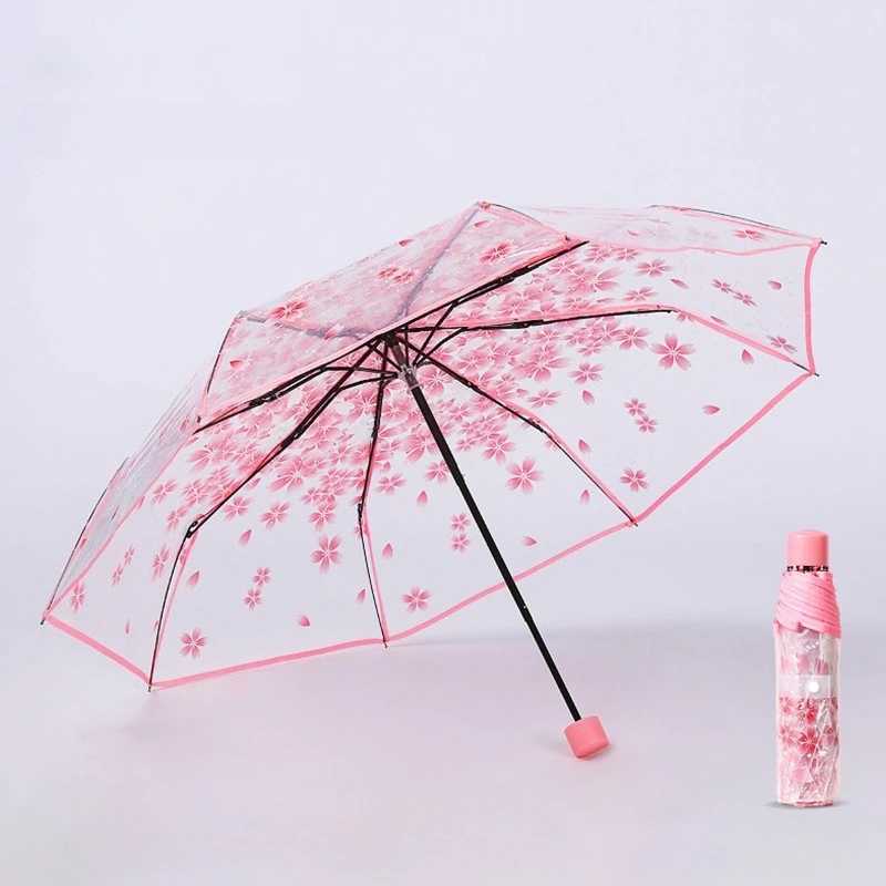 Creative Hand Movement Transparent Male Female Umbrella Cherry Blossom Style Personalized Couple Student Clear Beach UmbrellaM251122