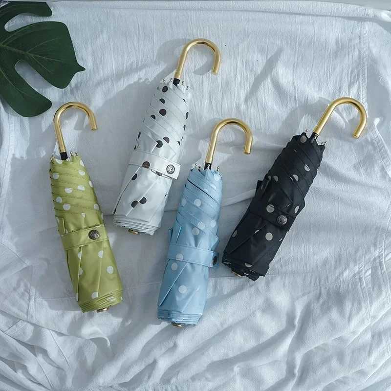 Vintage Polka Dot UV Folding Umbrella Rainproof Sun Rain Gear Compact Sunscreen Outdoor Travel Sun Protection Parasol UmbrellaM251122