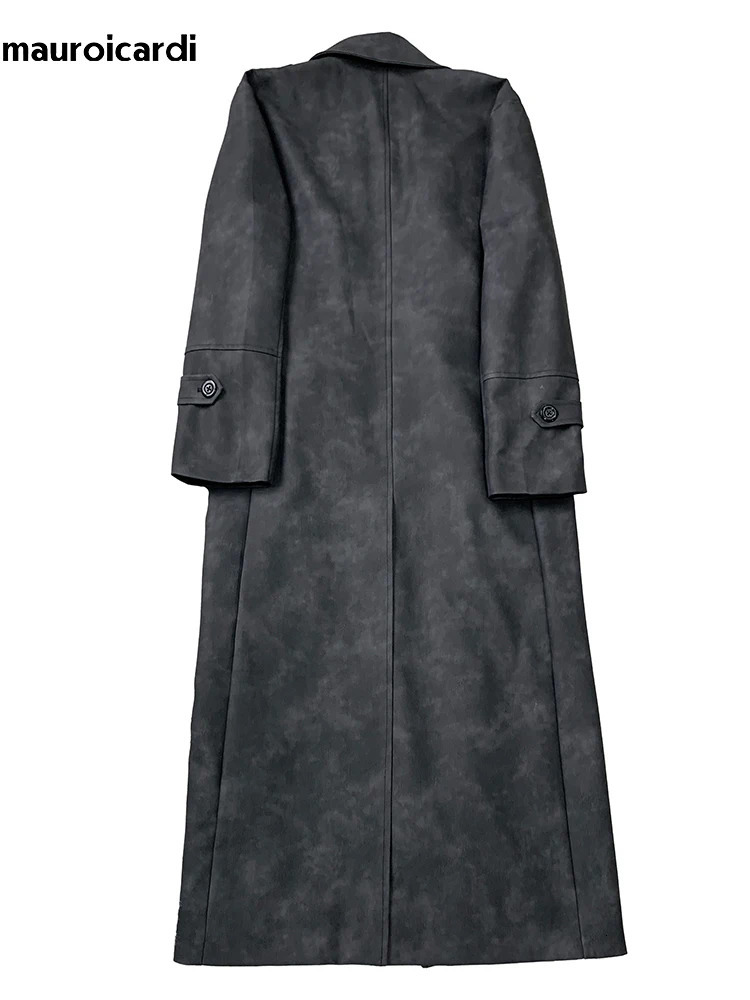 Mauroicardi Spring Autumn Long Distressed Pu Leather Trench Coat Men Belt Double Breasted Clothes Fashion 251110