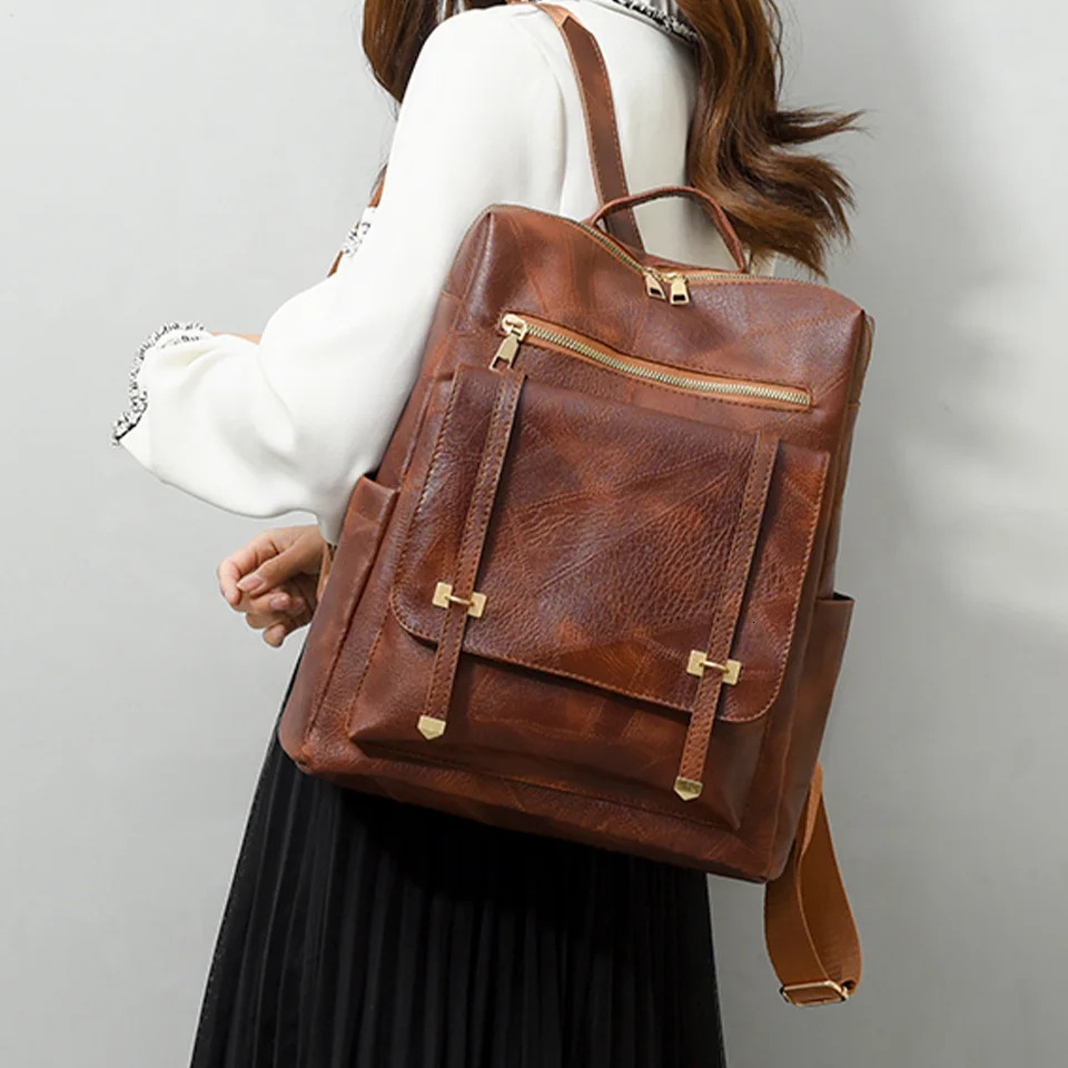 Trendy Womens Backpack Vintage Pu Leather Daypack Brown Casual Travel Bag Retro Student School Sac 251111