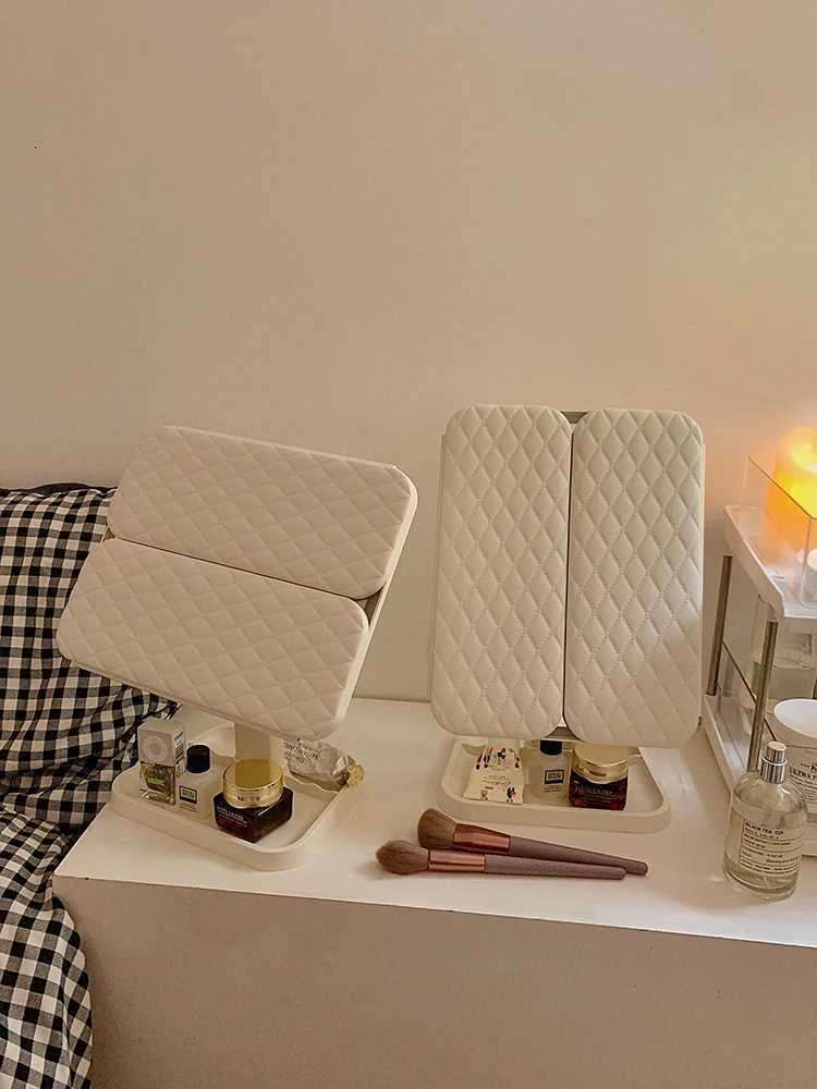 Shell double door LED makeup mirror with light storage box integrated desktop folding adjustable mirror for students M251122