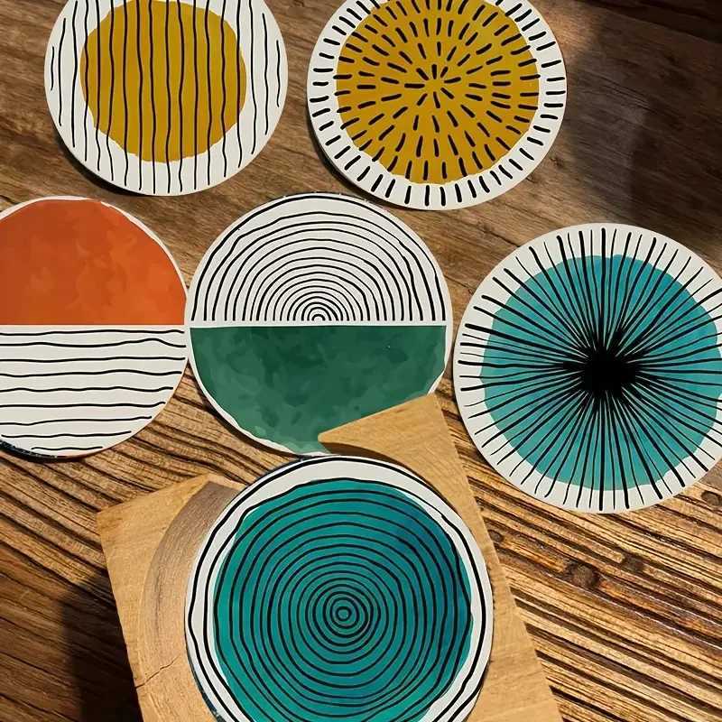 6 pieces/set of circular patterned wooden anti-slip coasters suitable for home offices and theme party decoration C251122