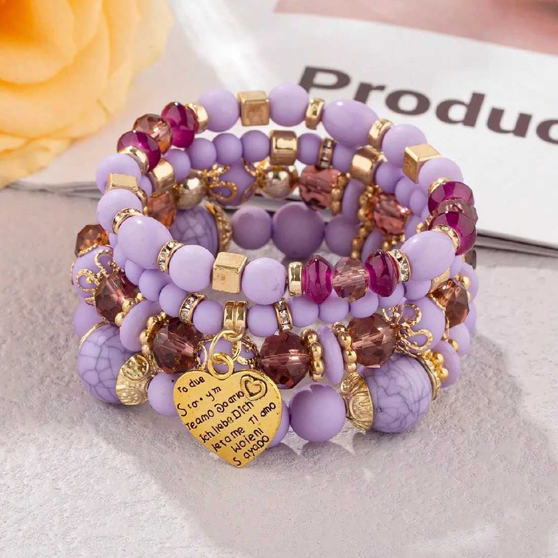 4Pcs Boho Crystal Beads Chain Bracelet Set For Women Vintage Heart Charm Elastic Bangle Female Fashion Party Jewelry J251122