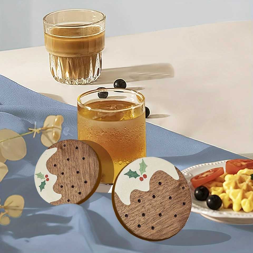 6pcs Retro Wooden Coaster Cookies Pies Cartoon Pattern Anti-scald Wooden Cup Mats Home coffee Cups Decor Christmas Gift C251122