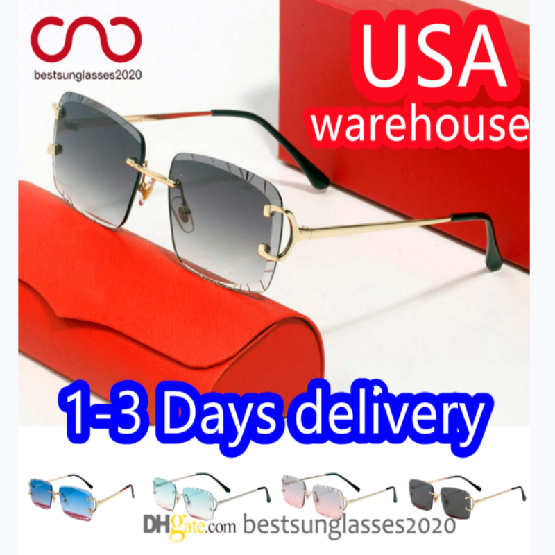 Luxury sunglasses for women sun glasses men diamond cutting lenses Gold and Silver Rimless Metal square Optical Frame Black Grey color Sunshades ladies Eyewear