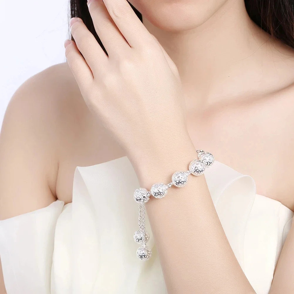 925 Sterling Silver Hollow Ball Pendant Bracelet necklace Jewelry set for women charm Fashion Party wedding Holiday gifts 251114