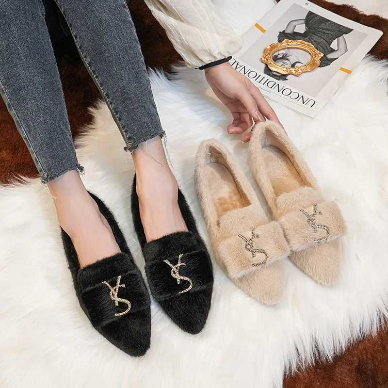 Flats Shoes for Women 2024 New Autumn Pointed Flat Mink Fur Winter Shoes Velvet Womens Loafers Ladies Shoes Plus Size 41 42 43 X251122