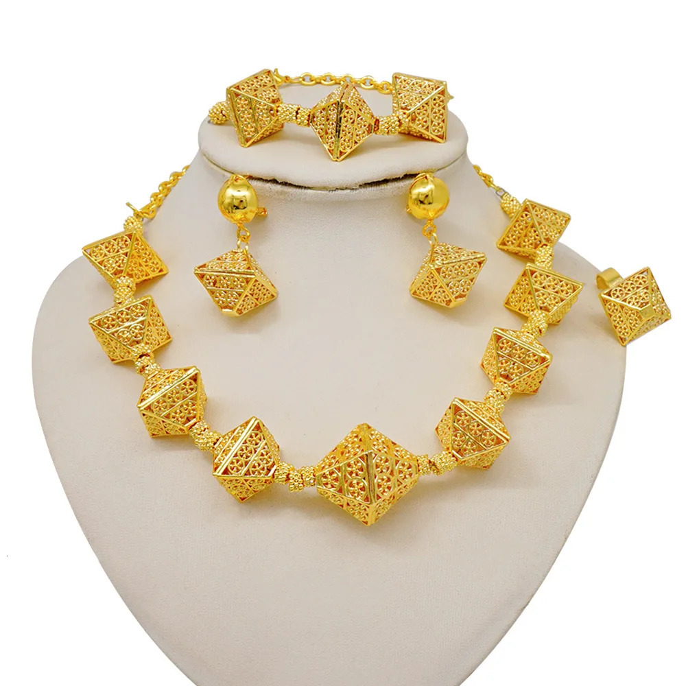 AU999 24K Gold Set Geometric streamline intertwined necklace chain asymmetrical earrings stackable bracelet ring trendy 251114