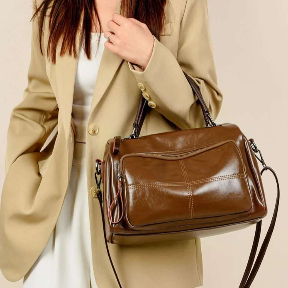 Vintage Soft Oil Pu Leather Women Handbag Large Capacity Shoulder Crossbody Travel Business Hand Bag Casual Tote Sac Bag