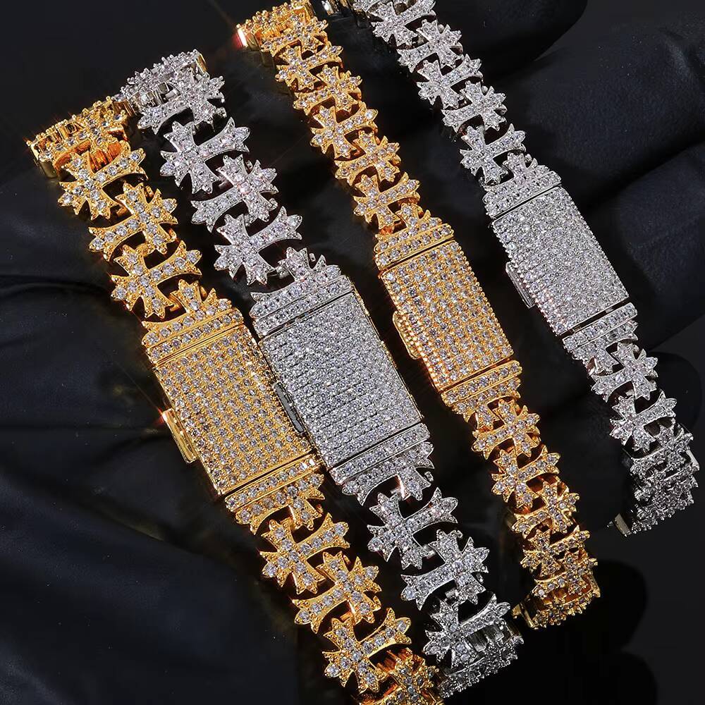 NUOYA 8mm 925 Silver Cross Chain VVS Moissanite Cuban Chain Rap Hip Hop Diamond Necklace Mens and Womens Rock Jewelry