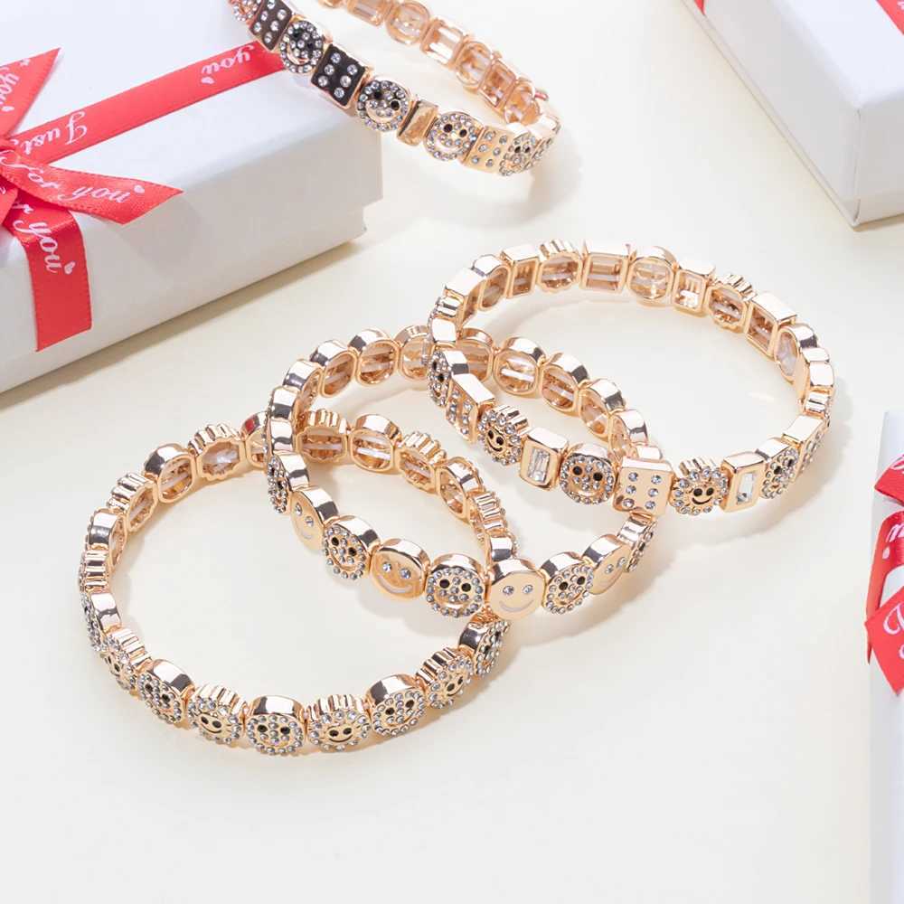 2024 Design Enamel Happy Face Inlaid Dimond Bracelet Womens Gold Dice Bead Elastic Bracelet Boho Jewelry Accessories Z250421