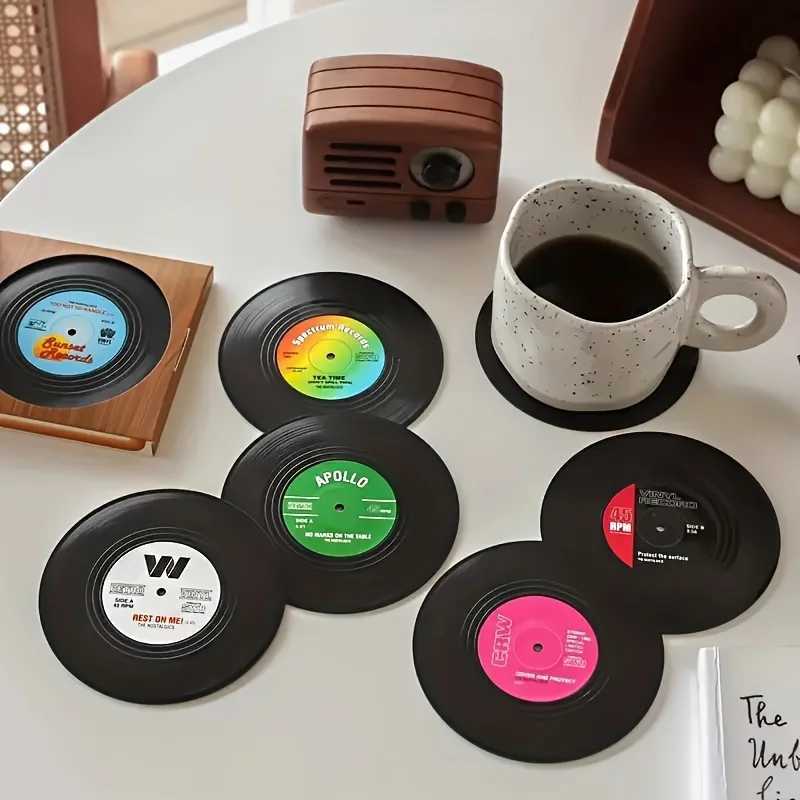 6pcs/set Coasters Vinyl Record Coasters Creative Retro ic Nostalgic American Rock CD Non-slip Insulation Pads C251122