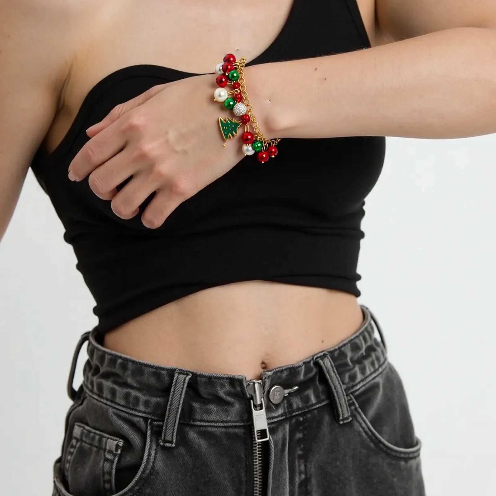 Christmas Bracelet Multi-Colored Rhinestone Bracelet Jingle Bell Beaded Bracelets for Women Christmas Party Jewelry Gift J251122