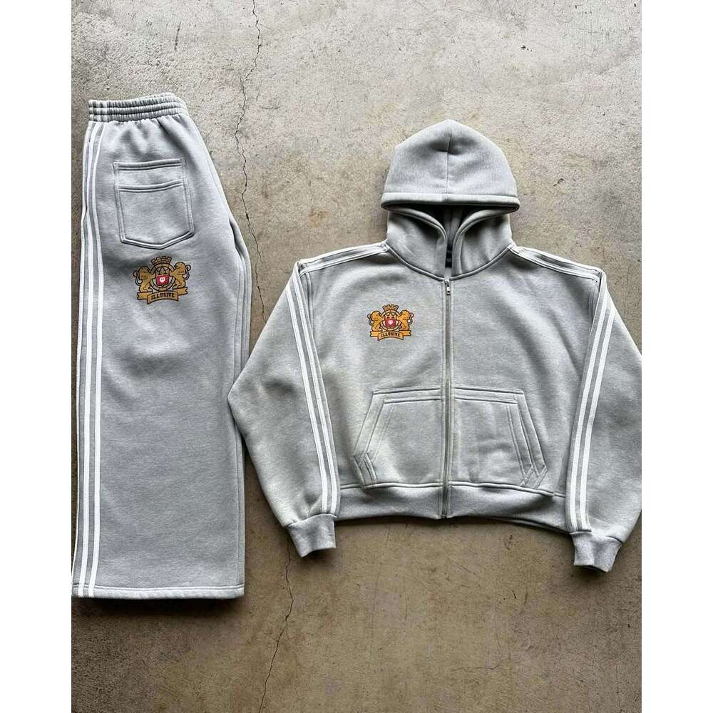 2025 American three bar zipper cardigan jacket hooded sweatshirt casual campus style men