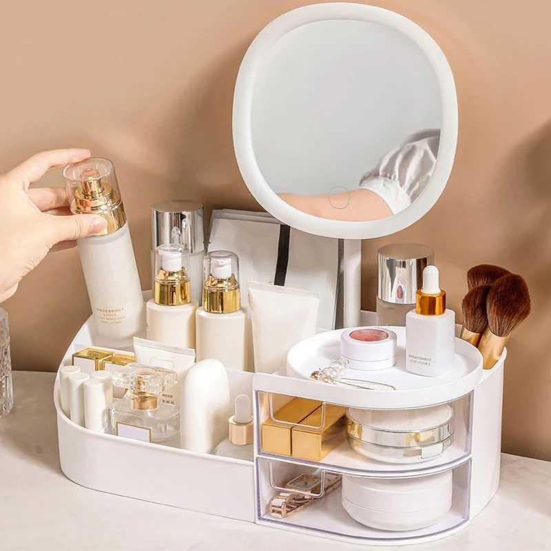 Makeup Storage Box With Mirror Desktop Dressing Table Makeup Mirror Cosmetics Jewelry Storage Box Touch Light Storage Organizer M251122